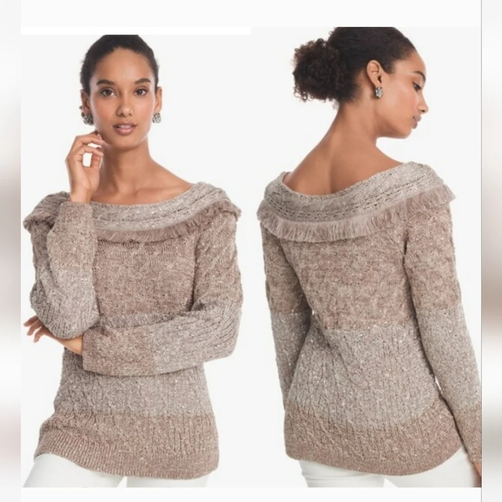 White House Black Market Fringe Sequin Metallic Colorblock Sweater Size M - Picture 7 of 8